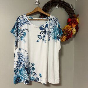 Jane + Delancey Womens Plus Size 1X Knit Top Short Sleeve White Blue Floral